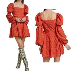 Caroline Constas Wren Puff-Sleeve Square Neck Daisy Mini Dress Sienna